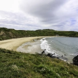 A man looking at a wide golden sandy beach.